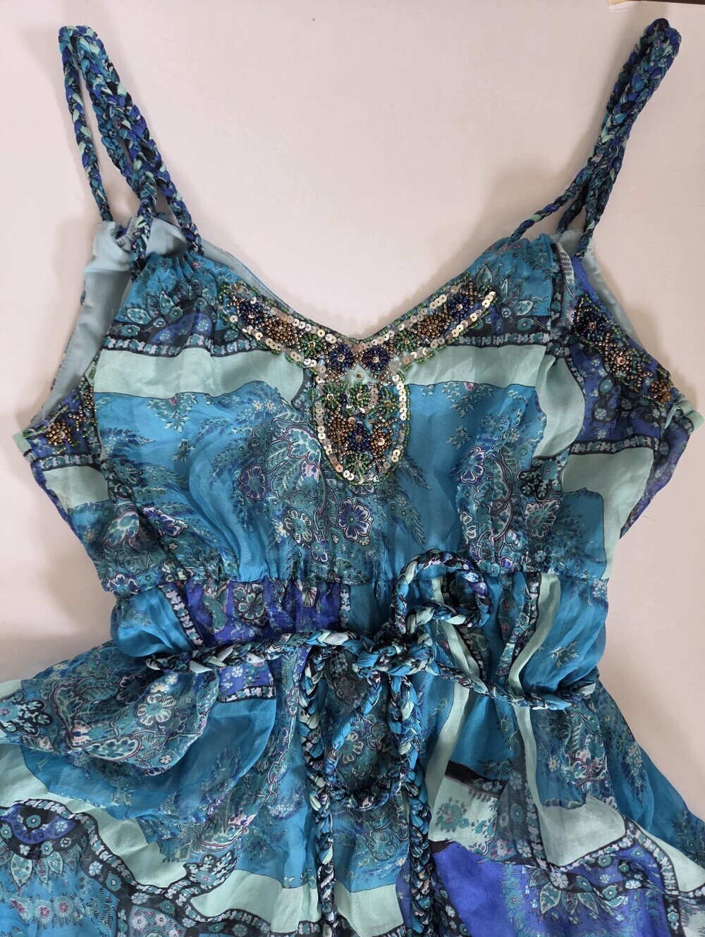 Blue Silk beaded maxi dress gown with waist tie patchwork boho stretch waist 4 - Picture 12 of 16